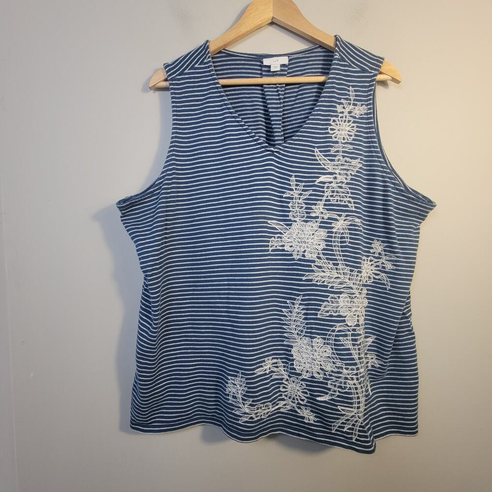 J. Jill XL Sleeveless Embroidered Floral Striped Cotton Knit Tank Top Blue